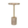 ROUND SIDE TABLE IN TRAVERTINE WITH STAINLESS STEEL POLE.