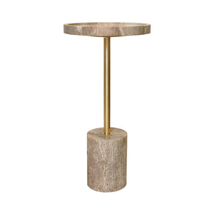 ROUND SIDE TABLE IN TRAVERTINE WITH STAINLESS STEEL POLE.