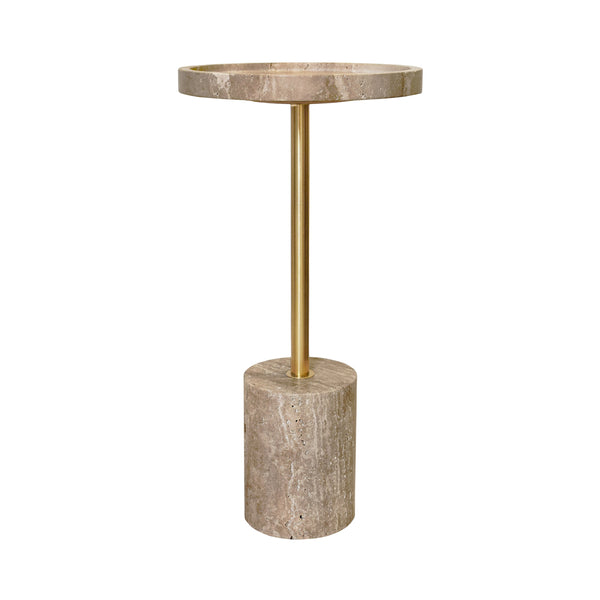 ROUND SIDE TABLE IN TRAVERTINE WITH STAINLESS STEEL POLE.