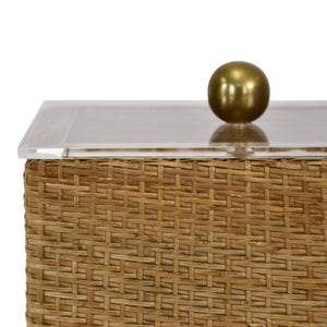 SMALL WOVEN RATTAN CONTAINER WITH ACRYLIC LID AND BRASS BALL HANDLE