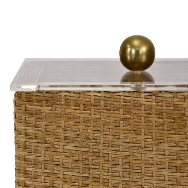 SMALL WOVEN RATTAN CONTAINER WITH ACRYLIC LID AND BRASS BALL HANDLE