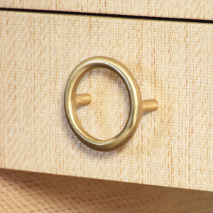 ONE DRAWER SIDE TABLE WITH ANTIQUE BRASS CIRCLE HARDWARE IN NATURAL GRASSCLOTH