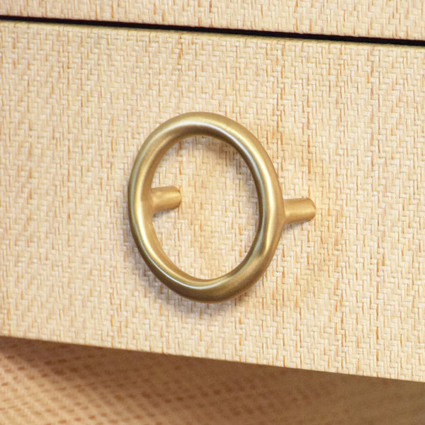 ONE DRAWER SIDE TABLE WITH ANTIQUE BRASS CIRCLE HARDWARE IN NATURAL GRASSCLOTH