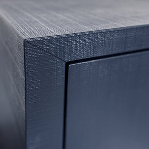 THREE DRAWER CHEST WITH ANTIQUE BRASS CIRCLE HARDWARE IN TEXTURED NAVY LINEN
