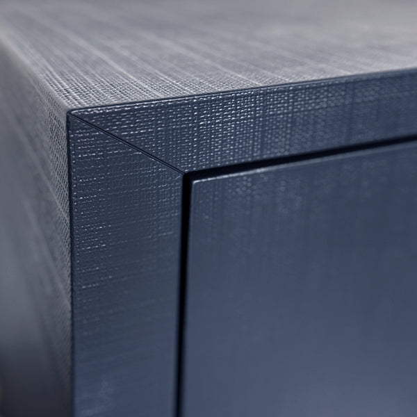 THREE DRAWER CHEST WITH ANTIQUE BRASS CIRCLE HARDWARE IN TEXTURED NAVY LINEN