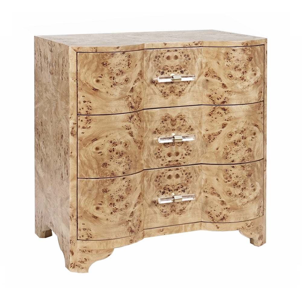 THREE DRAWER SIDE TABLE IN BURL WOOD WITH ACRYLIC HARDWARE