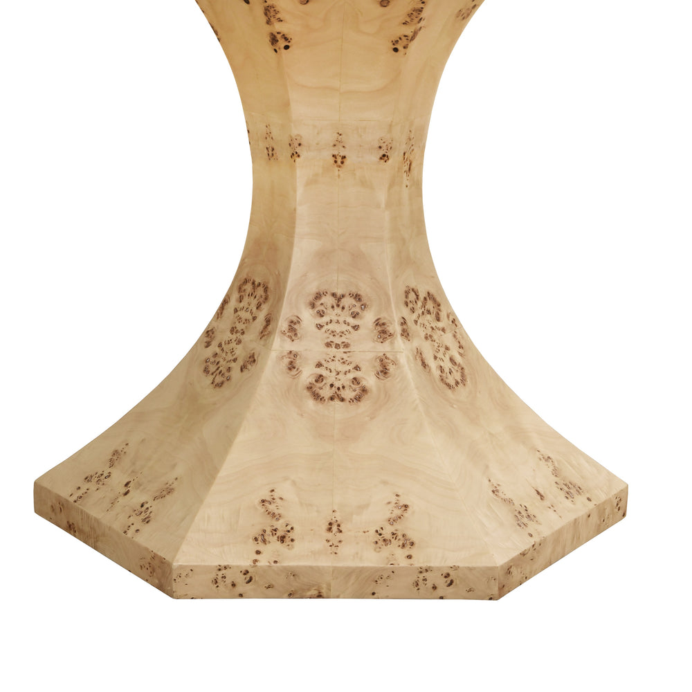 ROUND DINING TABLE WITH HEXAGONAL TAPERED BASE IN BURL WOOD
