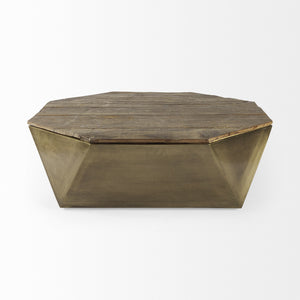 Esagono Octagonal Gold Metal-Clad Reclaimed Wood Coffee Table w/ Storage