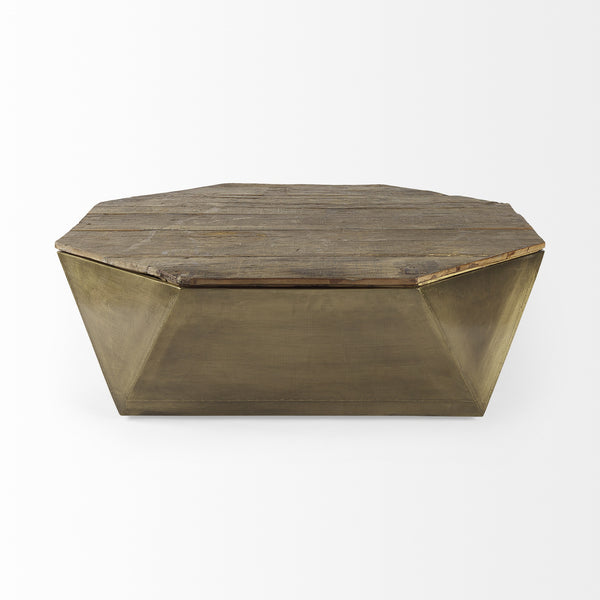 Esagono Octagonal Gold Metal-Clad Reclaimed Wood Coffee Table w/ Storage