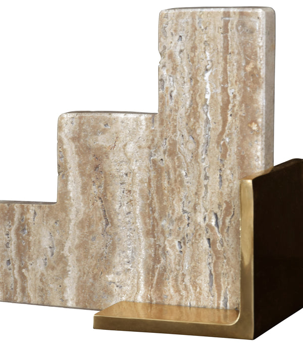 PAIR OF NATURAL TRAVERTINE STAIR STEP BOOKENDS WITH BRASS DETAIL