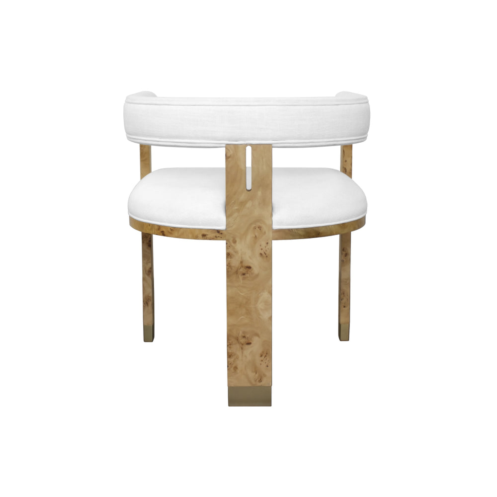 MODERN CHAIR IN BURL WOOD WITH WHITE LINEN UPHOLSTERY