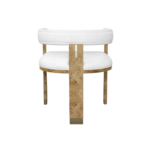 MODERN CHAIR IN BURL WOOD WITH WHITE LINEN UPHOLSTERY