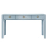CURVED FRONT CONSOLE WITH THREE DRAWERS IN TEXTURED LIGHT BLUE LINEN WITH SATIN BRASS RING HARDWARE AND GLASS TOP