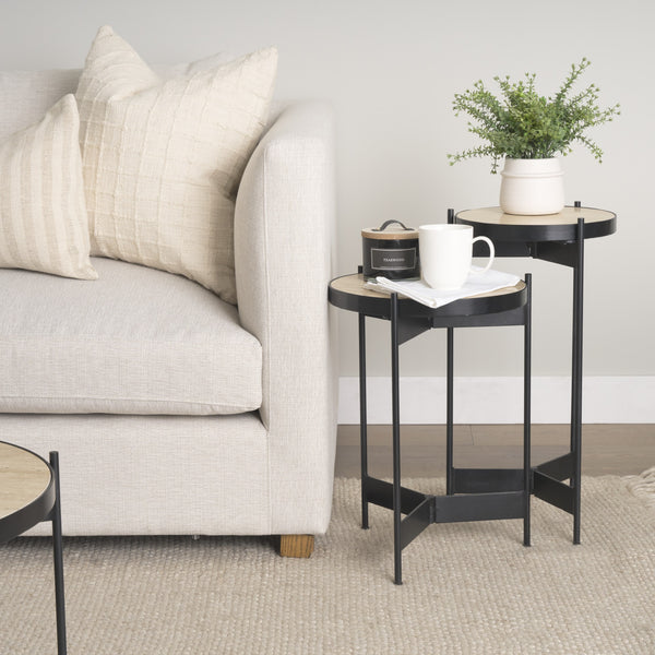 Wade Travertine Marble w/ Matte Black Metal End Tables