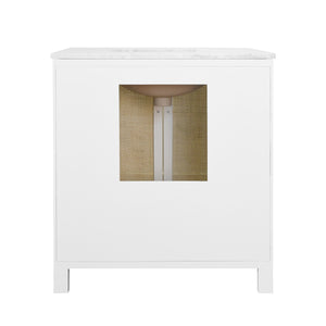 BATH VANITY IN MATTE WHITE LACQUER WITH CANE FRONT DOORS, WHITE MARBLE TOP, AND PORCELAIN SINK