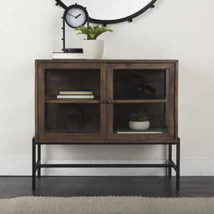 Arelius 36L x 18W x 32H Medium Brown Wood, Black Metal Base w/ 2 Glass Doors Accent Cabinet