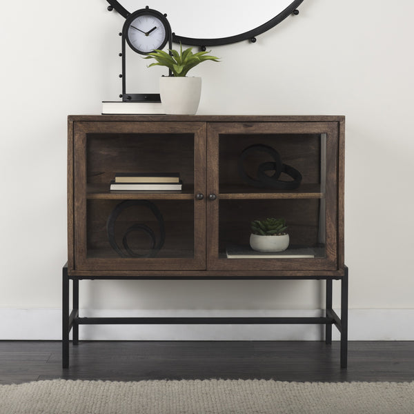 Arelius 36L x 18W x 32H Medium Brown Wood, Black Metal Base w/ 2 Glass Doors Accent Cabinet