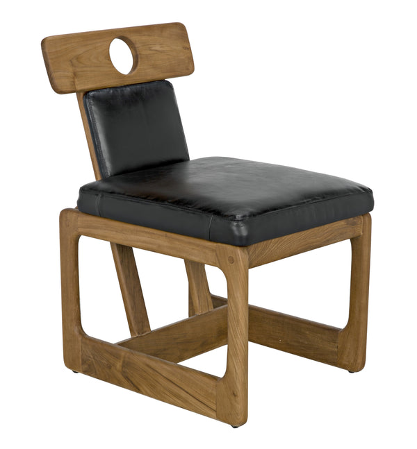 Buraco Teak Dining Chair with Gloss Finish and Black Leather Upholstery