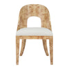 CURVED BACK WOODEN DINING CHAIR IN BURL WOOD WITH PERFORMANCE WHITE LINEN UPHOLSTERY