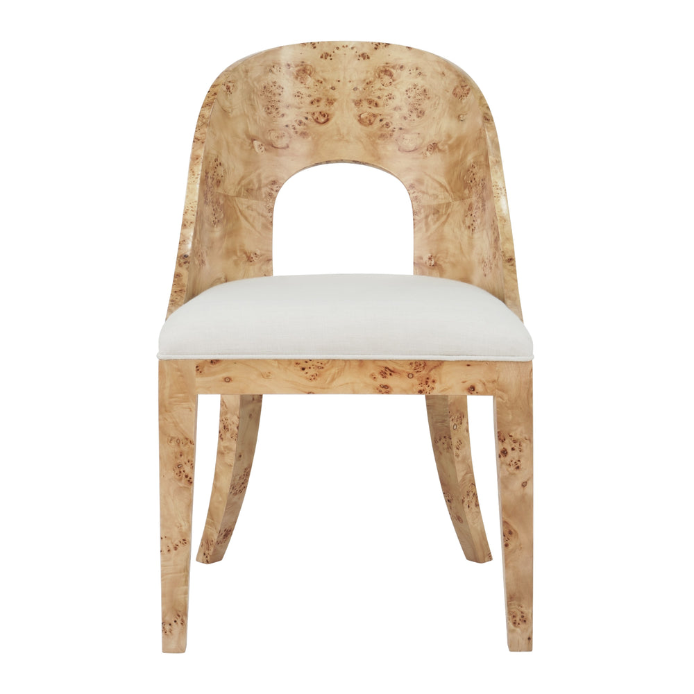 CURVED BACK WOODEN DINING CHAIR IN BURL WOOD WITH PERFORMANCE WHITE LINEN UPHOLSTERY