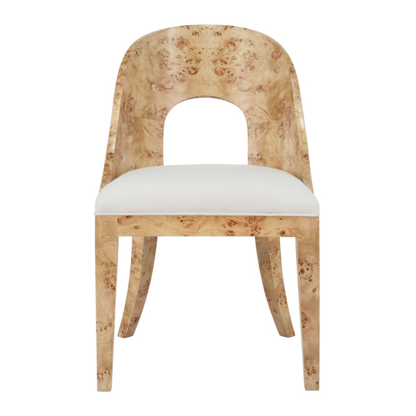 CURVED BACK WOODEN DINING CHAIR IN BURL WOOD WITH PERFORMANCE WHITE LINEN UPHOLSTERY