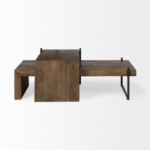 Maddox Set of 2 Brown Solid Wood Top Black Metal Base Nesting Coffee Tables