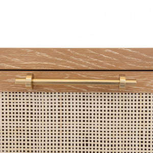 SIX DRAWER CANE FRONT CHEST WITH BRASS HARDWARE IN CERUSED OAK FINISH