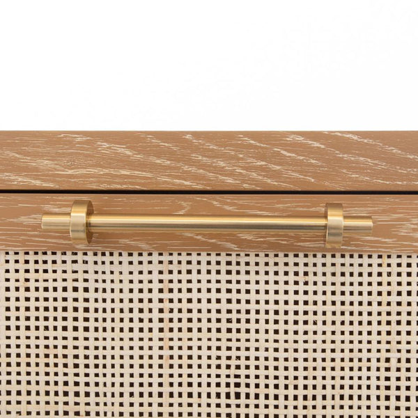 SIX DRAWER CANE FRONT CHEST WITH BRASS HARDWARE IN CERUSED OAK FINISH