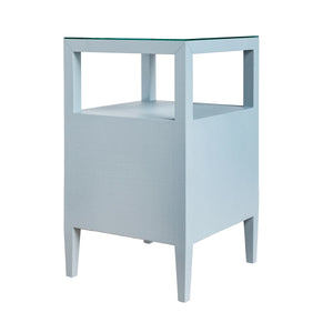 TWO DRAWER SIDE TABLE IN TEXTURED LIGHT BLUE LINEN WITH POLISHED BRASS KNOBS