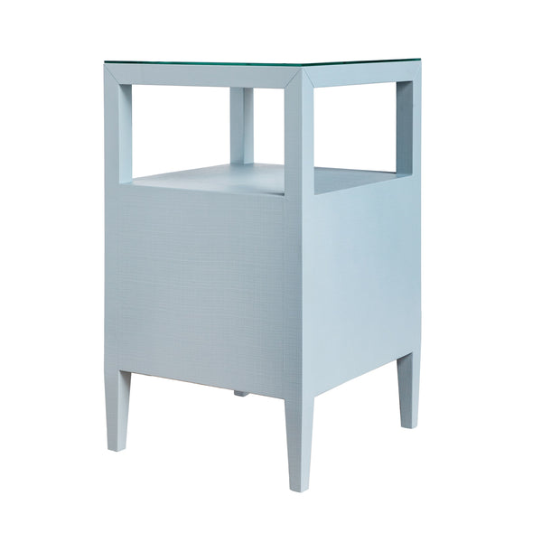 TWO DRAWER SIDE TABLE IN TEXTURED LIGHT BLUE LINEN WITH POLISHED BRASS KNOBS