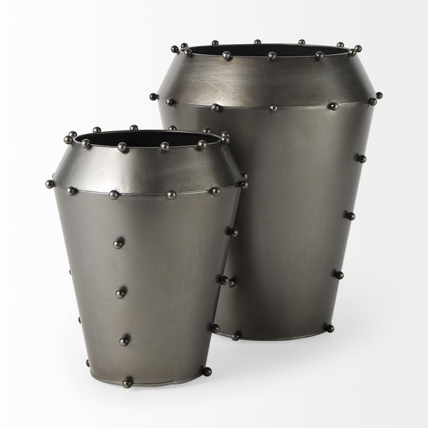 Elio 12.2H Large Gun Metal Gray Metal W/Studs Vase