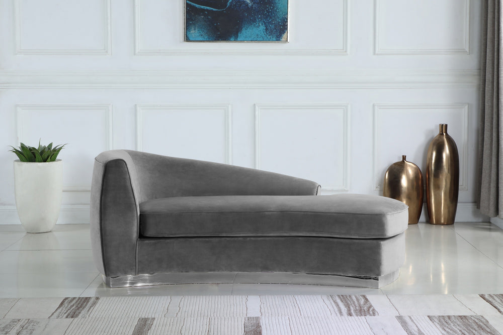 Crystal Chaise In Grey Velvet and Chrome