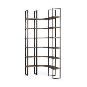 Turner II 37L x 10.5W x 90H Curved Dark Brown Wood And Black Iron Six Shelving Unit