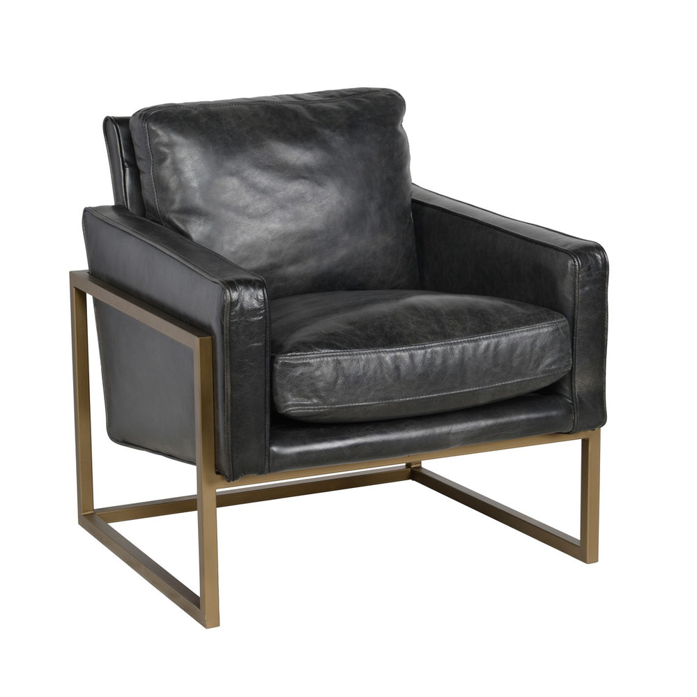 Ken Accent Chair in Jet Black Leather with Iron Base