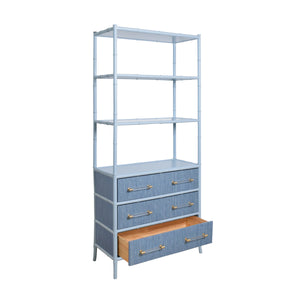 THREE DRAWER ETAGERE WITH BAMBOO DETAIL IN BLUE DYED GRASSCLOTH AND LIGHT BLUE MATTE LACQUER