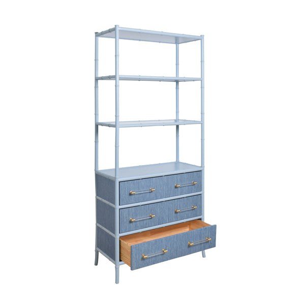 THREE DRAWER ETAGERE WITH BAMBOO DETAIL IN BLUE DYED GRASSCLOTH AND LIGHT BLUE MATTE LACQUER