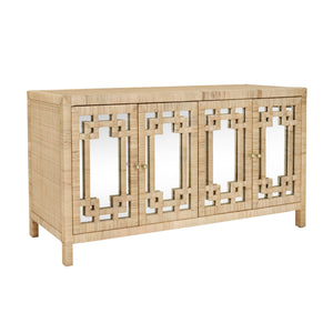 FOUR DOOR BUFFET WITH MIRROR FRONT DOORS AND WRAPPED RATTAN