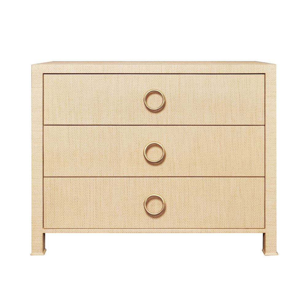 THREE DRAWER CHEST WITH ANTIQUE BRASS CIRCLE HARDWARE IN NATURAL GRASSCLOTH