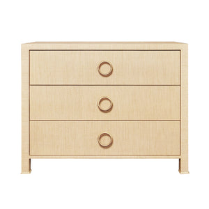 THREE DRAWER CHEST WITH ANTIQUE BRASS CIRCLE HARDWARE IN NATURAL GRASSCLOTH