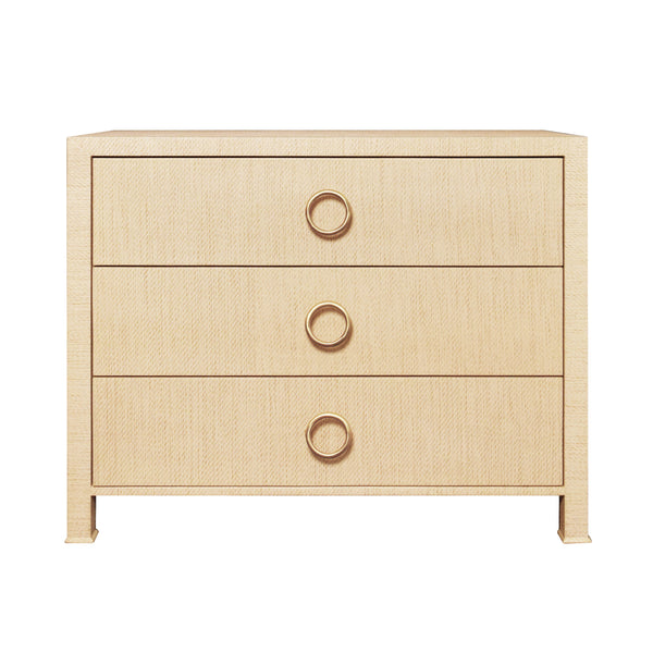THREE DRAWER CHEST WITH ANTIQUE BRASS CIRCLE HARDWARE IN NATURAL GRASSCLOTH