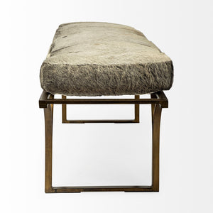 Jessie 55L x 16W White/Gray Hair-On-Hide Seat W/Gold Metal Base Accent Bench