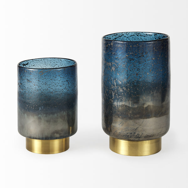 Caspian II Short Blue Glass Antiqued Brass Bottom Vase