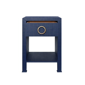 ONE DRAWER SIDE TABLE WITH ANTIQUE BRASS CIRCLE HARDWARE IN TEXTURED NAVY LINEN