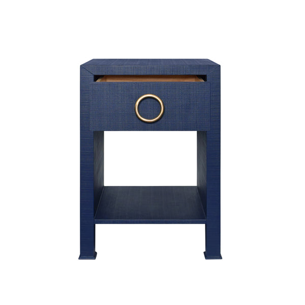ONE DRAWER SIDE TABLE WITH ANTIQUE BRASS CIRCLE HARDWARE IN TEXTURED NAVY LINEN