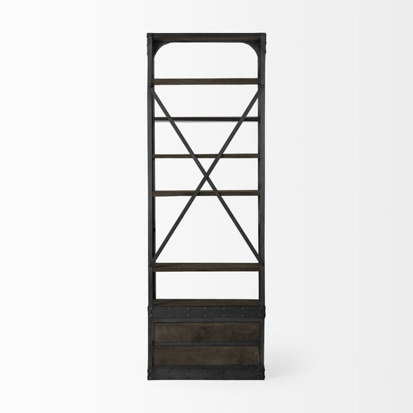 Brodie VII 32L x 22W x 94H Brown Wood Gun-Metal Bracing Four Shelf Shelving Unit