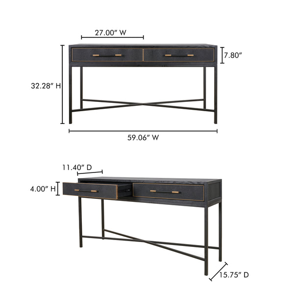 Mako Console Table in Black Oak with Brass Accents