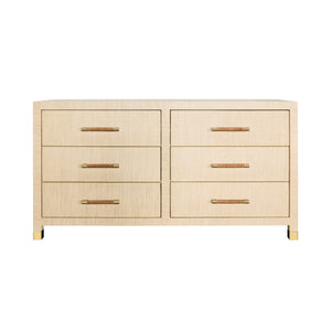 SIX DRAWER CHEST WITH RATTAN WRAPPED HANDLES IN NATURAL GRASSCLOTH