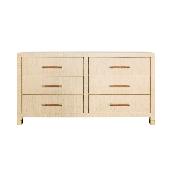 SIX DRAWER CHEST WITH RATTAN WRAPPED HANDLES IN NATURAL GRASSCLOTH