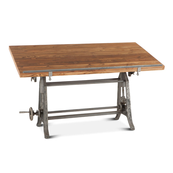 Industrial Loft 62-Inch Reclaimed Teak Wood Drafting Desk with Adjustable Crank