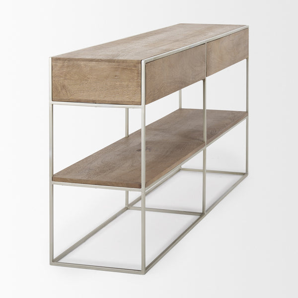 Morris I 63L x 15W x 31H Brown Wood w/ Silver Metal Frame 2 Drawer Console Table